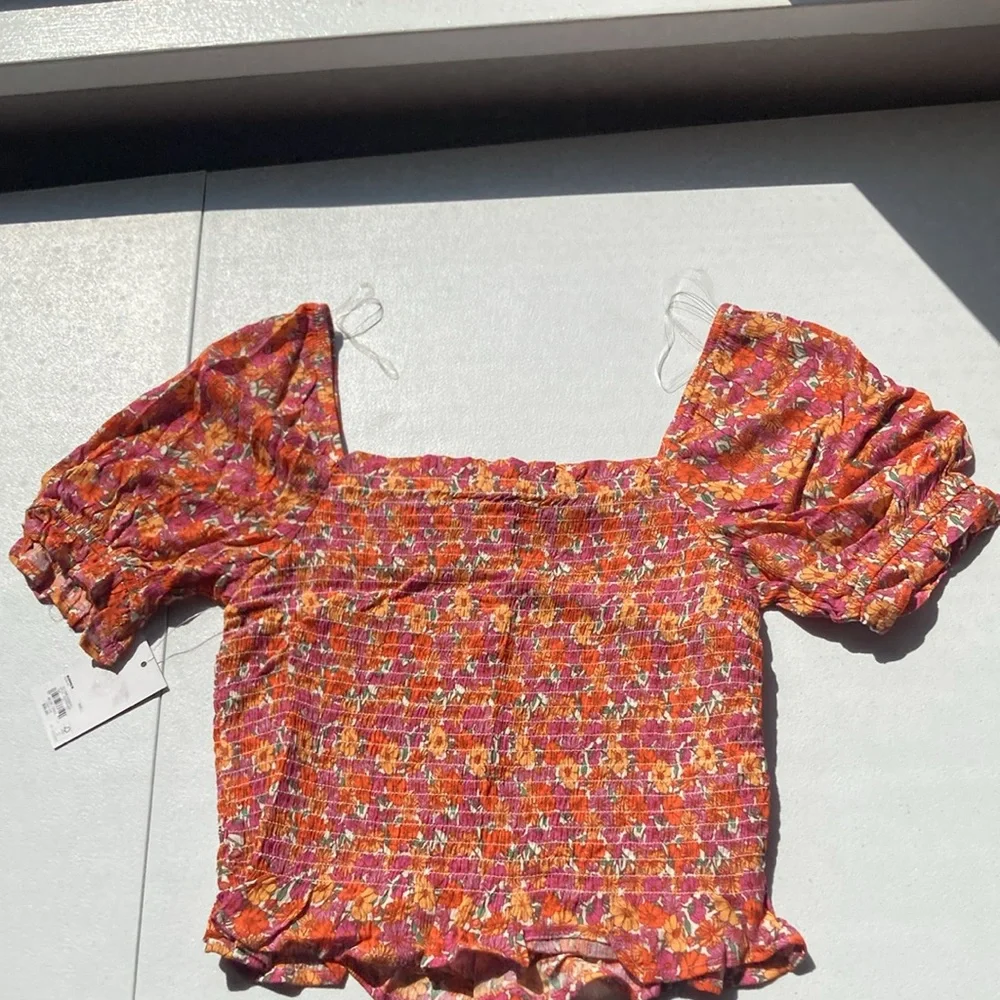 3/$24 SO crop top floral print smocked bodice puff sleeve boho cottagecore L jr - Picture 13 of 17